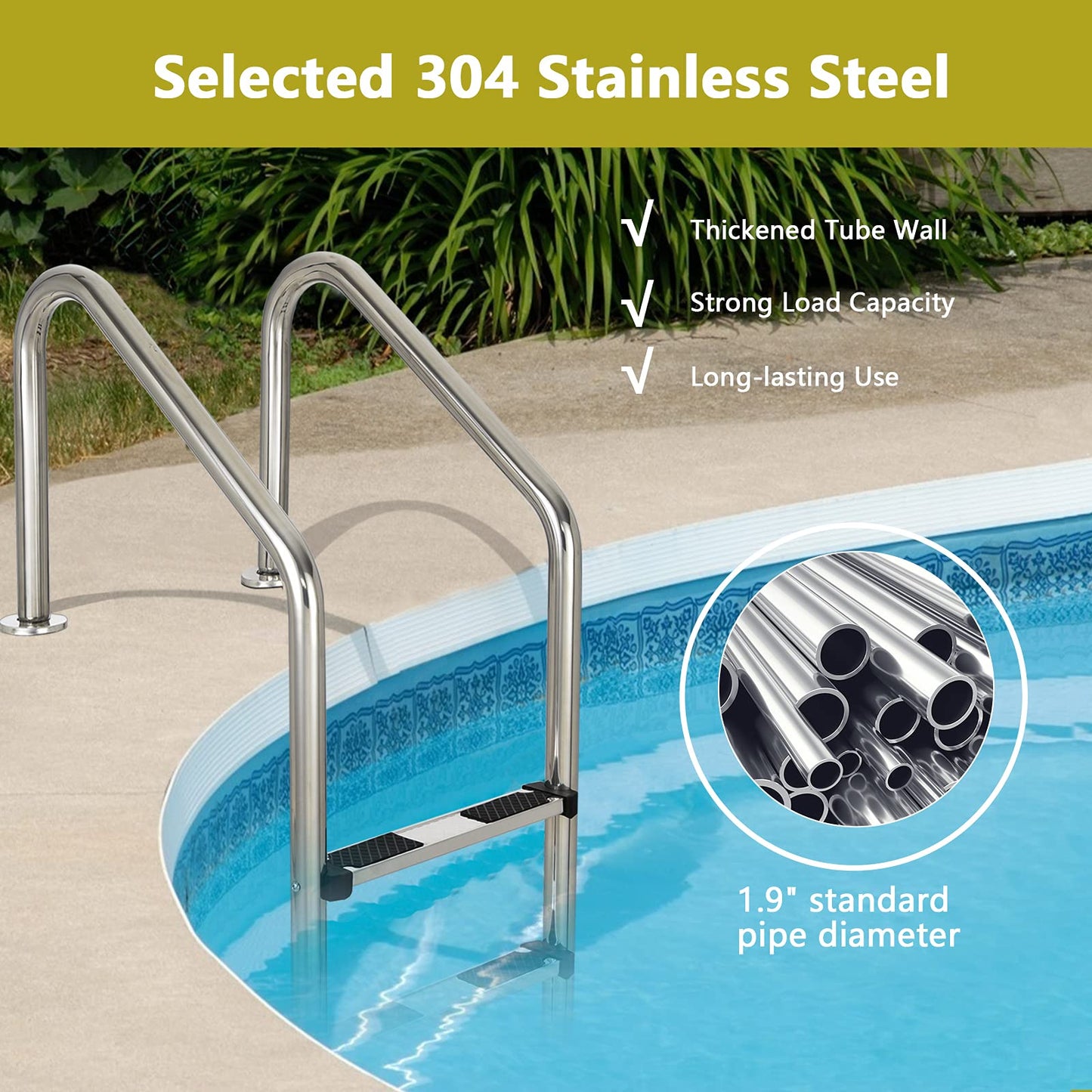 IRONMAX Swimming Pool Ladder, 3-Step Heavy Duty Stainless Steel Pool Stair w/Non-Slip Steps, Easy to Install, Pool Ladder for Inground Pools, Gym & Water Park, 265 LBS Weight Capacity