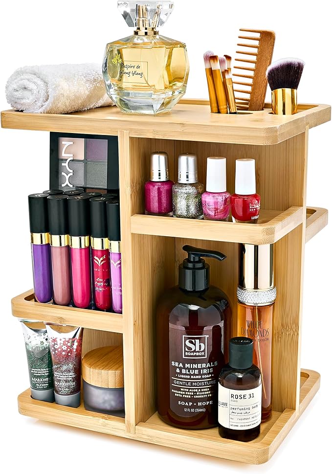 Sorbus 360ÃÂ° Makeup Organizer - Bamboo Wood Make Up Storage Carousel for Cosmetics, Skin Care Rotating Makeup Organizer for Vanity, Bathroom Storage