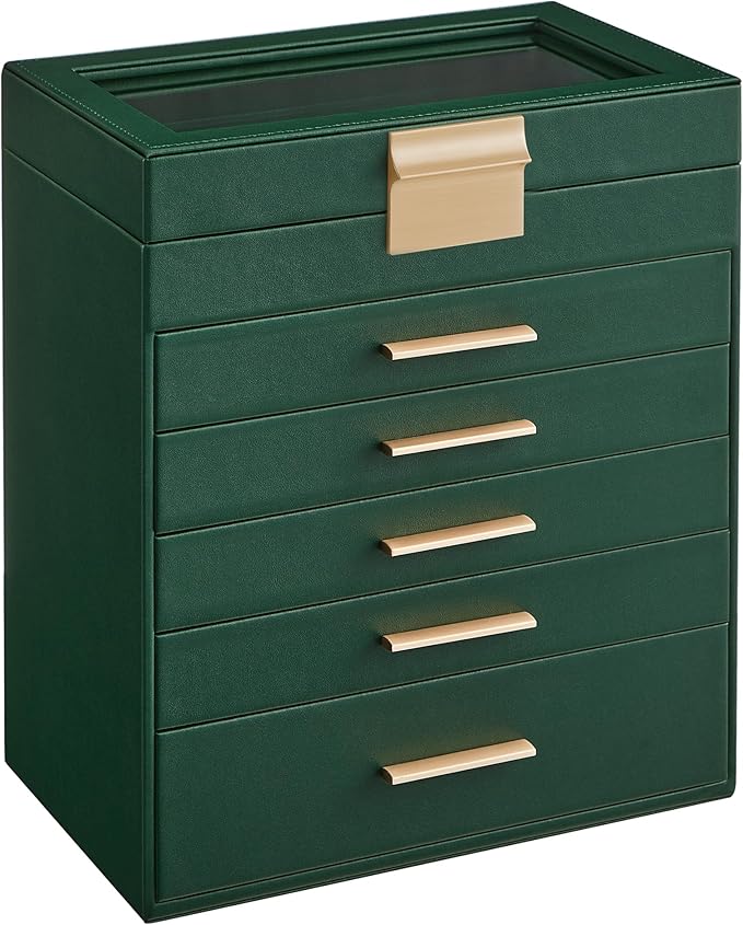 SONGMICS GISELLA Collection - Jewelry Box Organizer, 6-Layer Jewelry Storage with 5 Drawers, Shiny Metal Hardware, Glass Lid, Modern, 6.4 x 9.9 x 11.4 Inches, Forest Green and Gold Color UJBC171C01