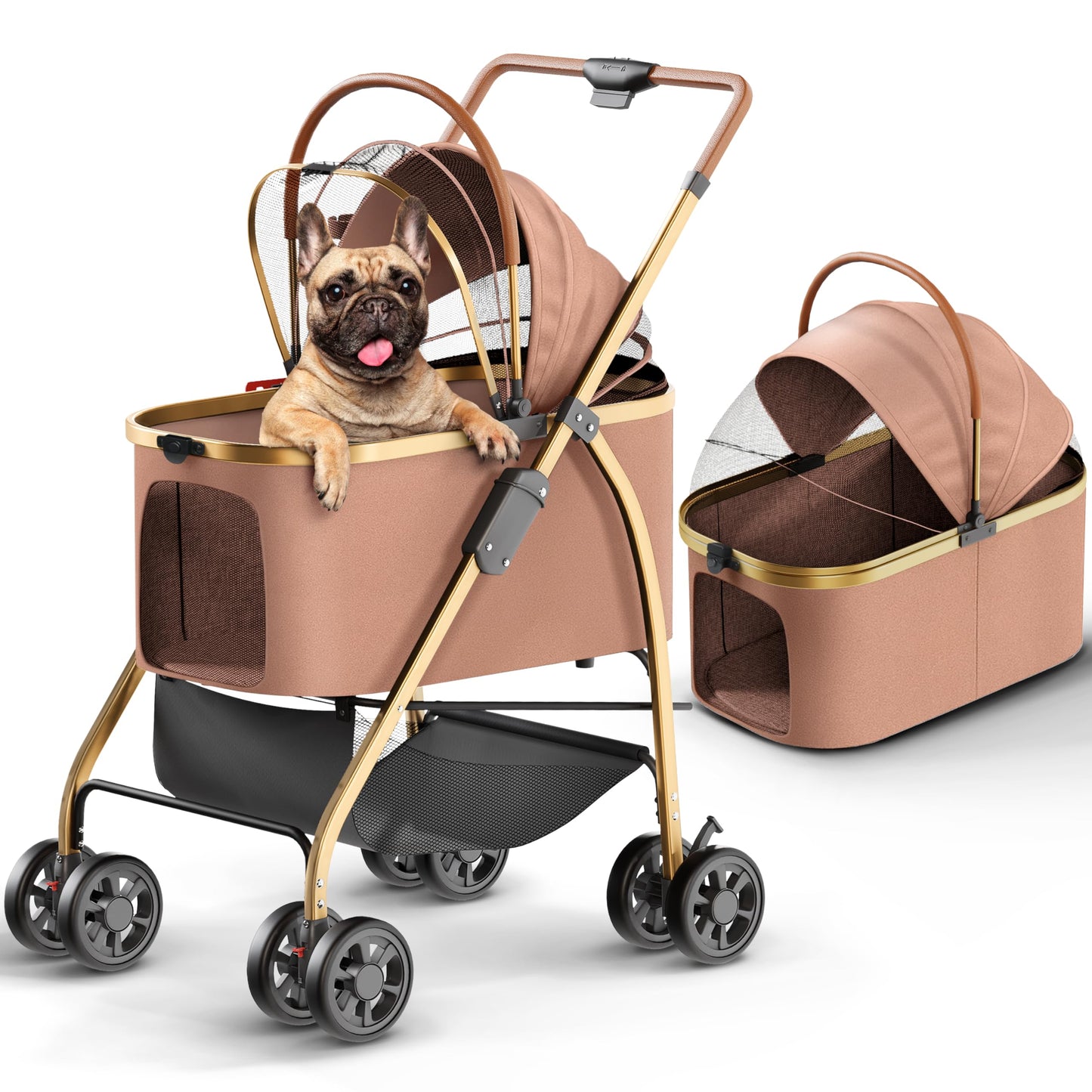 Pet Stroller for Small Medium Dogs & Cats – 2-in-1 Detachable Carrier, Zipperless Entry, Lightweight Folding Travel Stroller with Storage Basket, Cup Holder, Brown