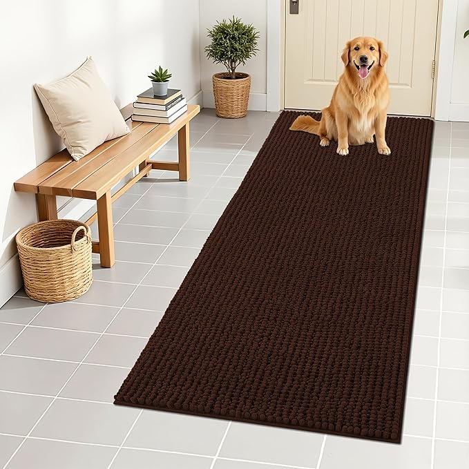 OLANLY Dog Door Mat for Muddy Paws 59x24, Ultra Absorbent Chenille Mud Doormat, Non-Slip Washable and Dirt Trapping Doormat for Indoor Entryway, Quick-Dry Indoor Pet Bed Mats for Dogs, Brown