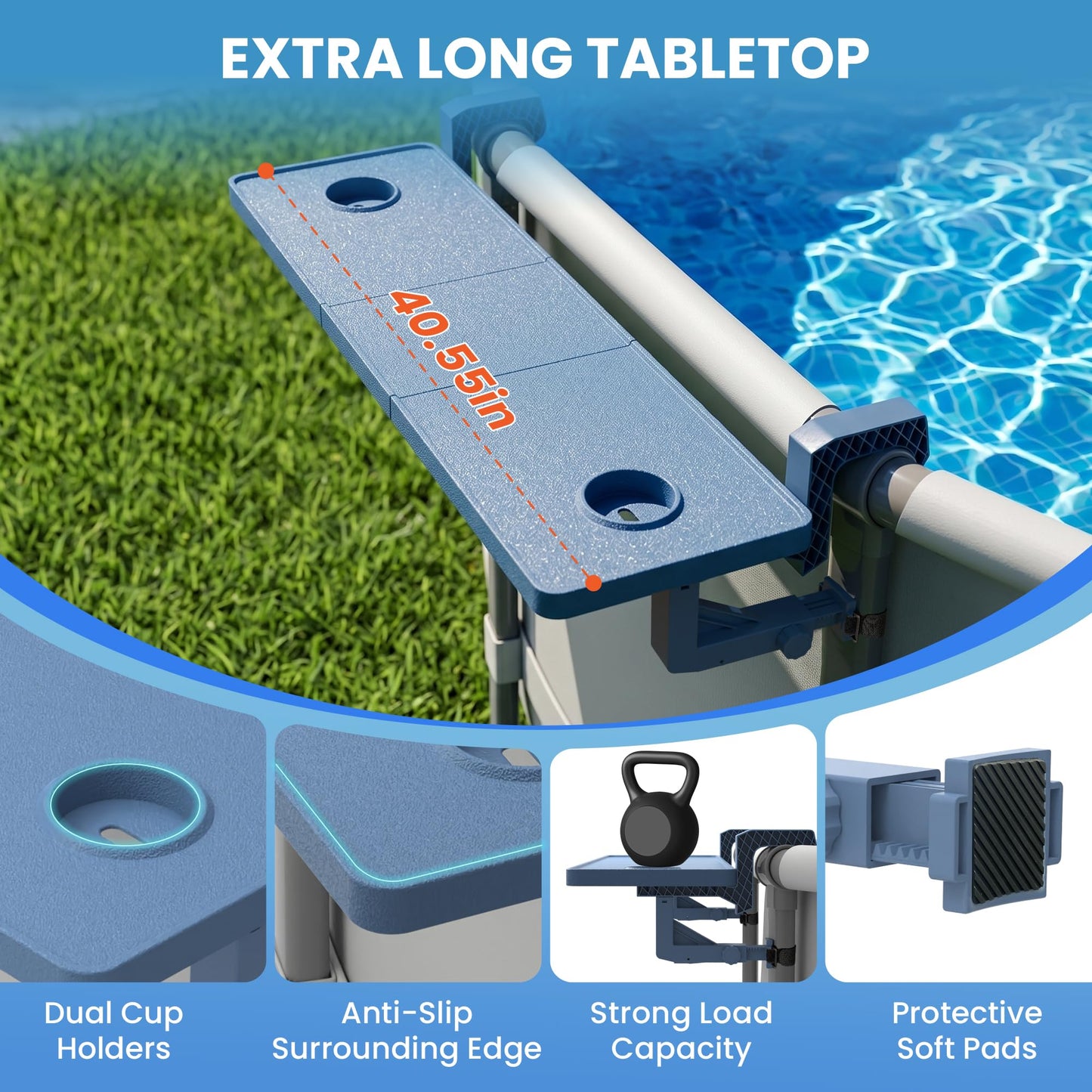 Pooljoyo Poolside Bar For Above Ground Pool, Outdoor Pool Bar Table for Above-Ground Round Pool,40.5in Length Adjustable Poolside Table Pool Shelf with Pool Drink Holder, Above Ground Pool Accessories