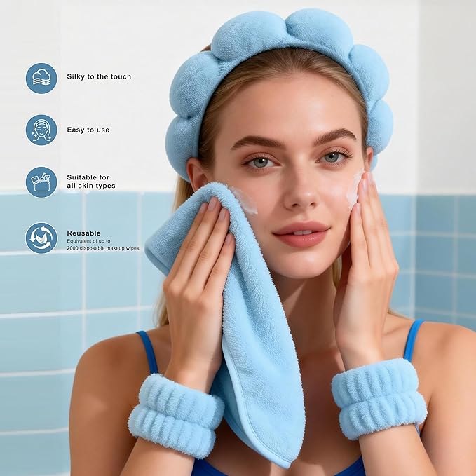 Real Perfection Spa Headband for Washing Face, Skincare Headband Wristband Set for Women, Reusable Machine-Washable Makeup Remover Towel Cloth, 1oz Small Spray Bottle with Travel Makeup Bag - Blue