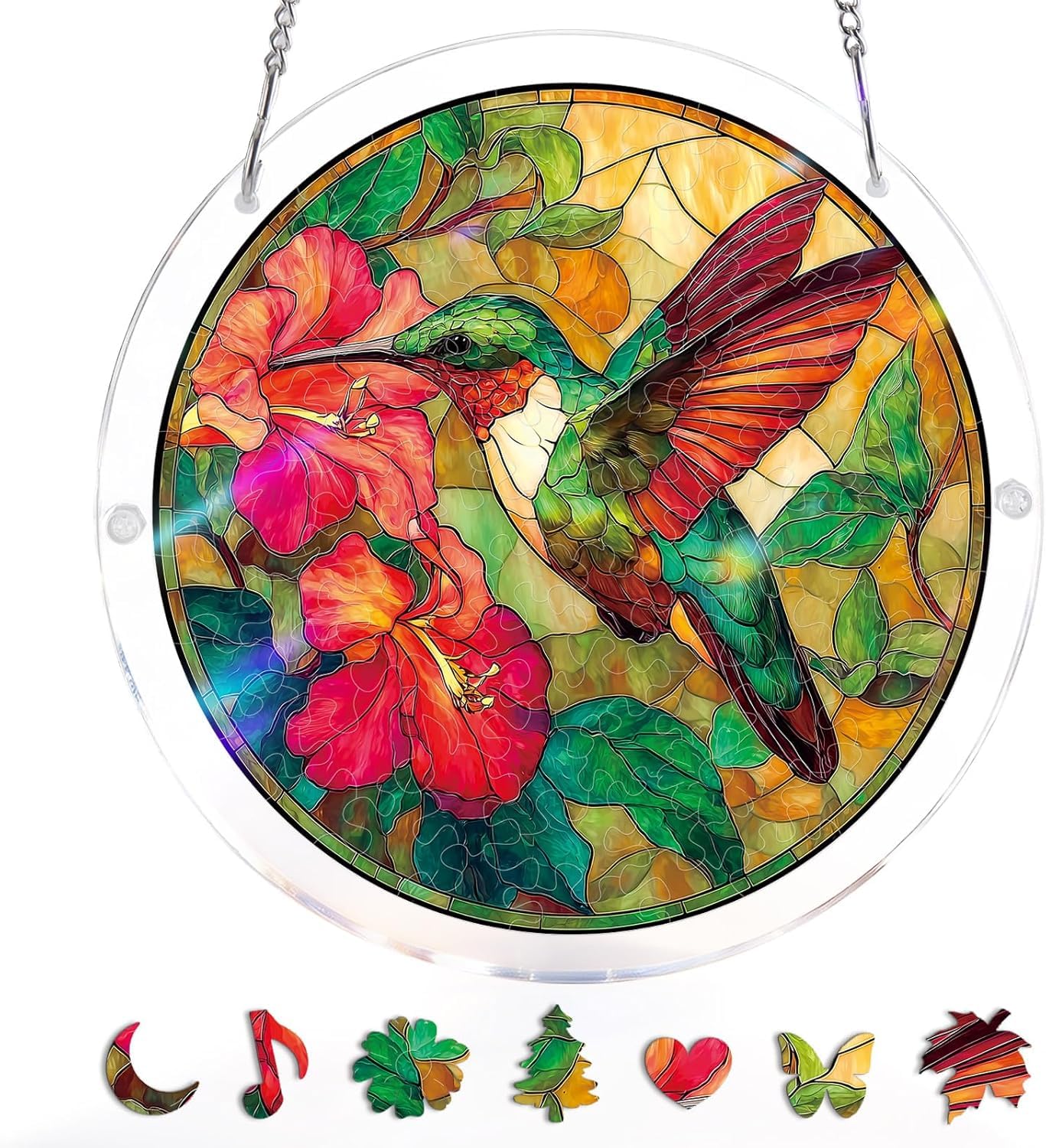 WOODBESTS Acrylic Jigsaw Puzzle Suncatcher 83 Pieces-Emerald Flame Hummingbird, DIY Acrylic Puzzle Sun Catcher, Window&Garden Decor, Unique Gifts for Mom, Women,Wife, Sisters, Aunt, Besties 7.4in