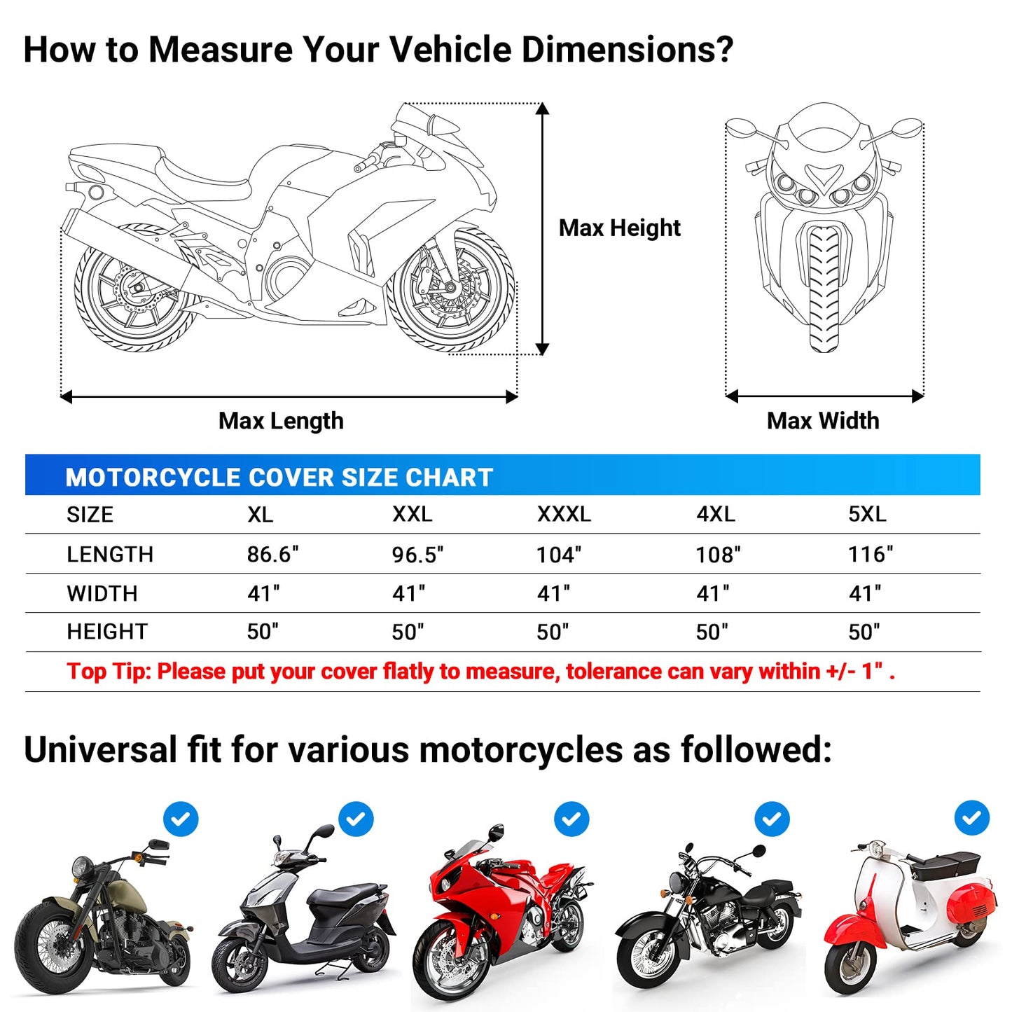Favoto Motorcycle Cover Waterproof Outdoor - All Season Sun Protection Oxford with Lock-Holes Rain Snow Windproof Dustproof Universal Fit Motorbikes Vehicle Moped Cover, 104" x 41" x 50"