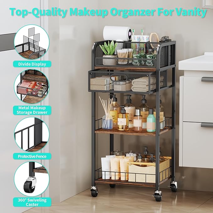 HapiRm Makeup Organizer Storage Cart - 4 Tier Skincare Make Up Storage with Drawer, Rolling Makeup Cart Vanity Organizer Cosmetics Display Cases Holder for Skin Care Perfume Nail Polish Brush