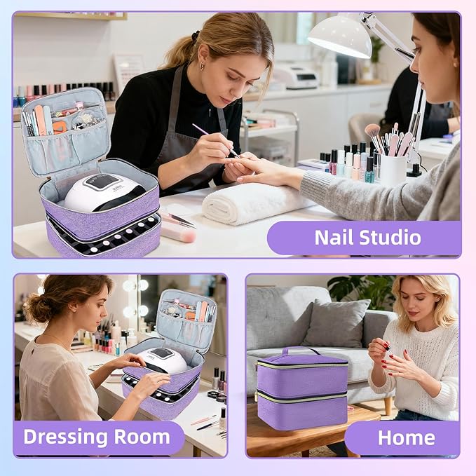 Nail Polish Organizer Holds 30 Bottles (15ml - 0.5 fl.oz) Double-layer Gel Nail Polish Kit Case, Nail Holder for Nail Lamp, Portable Nail Organizer and Storage for Nail Supplies (Purple)
