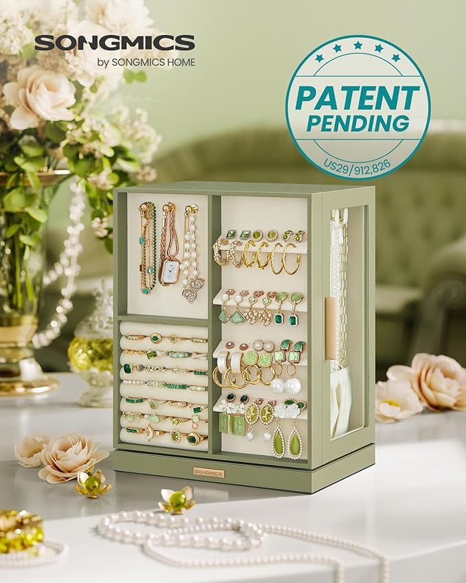 SONGMICS Jewelry Box 360° Rotating, Jewelry Storage Case with 5 Drawers, Jewelry Organizer, Glass Window, Spacious, Vertical Jewelry Storage, Open Design, Great Gift, Laurel Green UJBC170C02