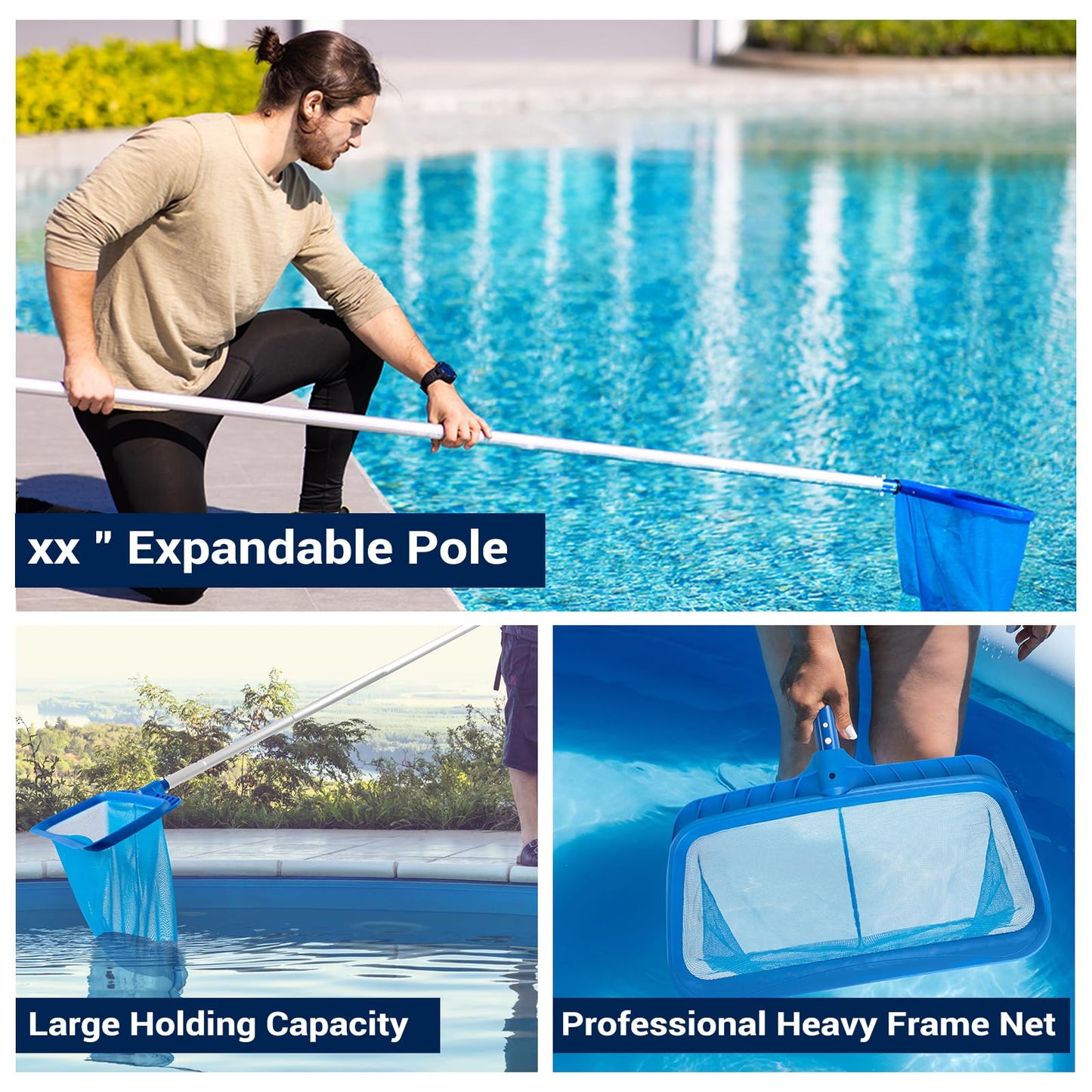Pool Skimmer - Pool Net with Pole, 4 Section, 26.4"-66.5" Thick Adjustable Telescopic Pole & Fine Mesh Pool Skimmer Net,Larger Capacity Pool Nets for Cleaning, Durable Deep Rake Pool Net Skimmer