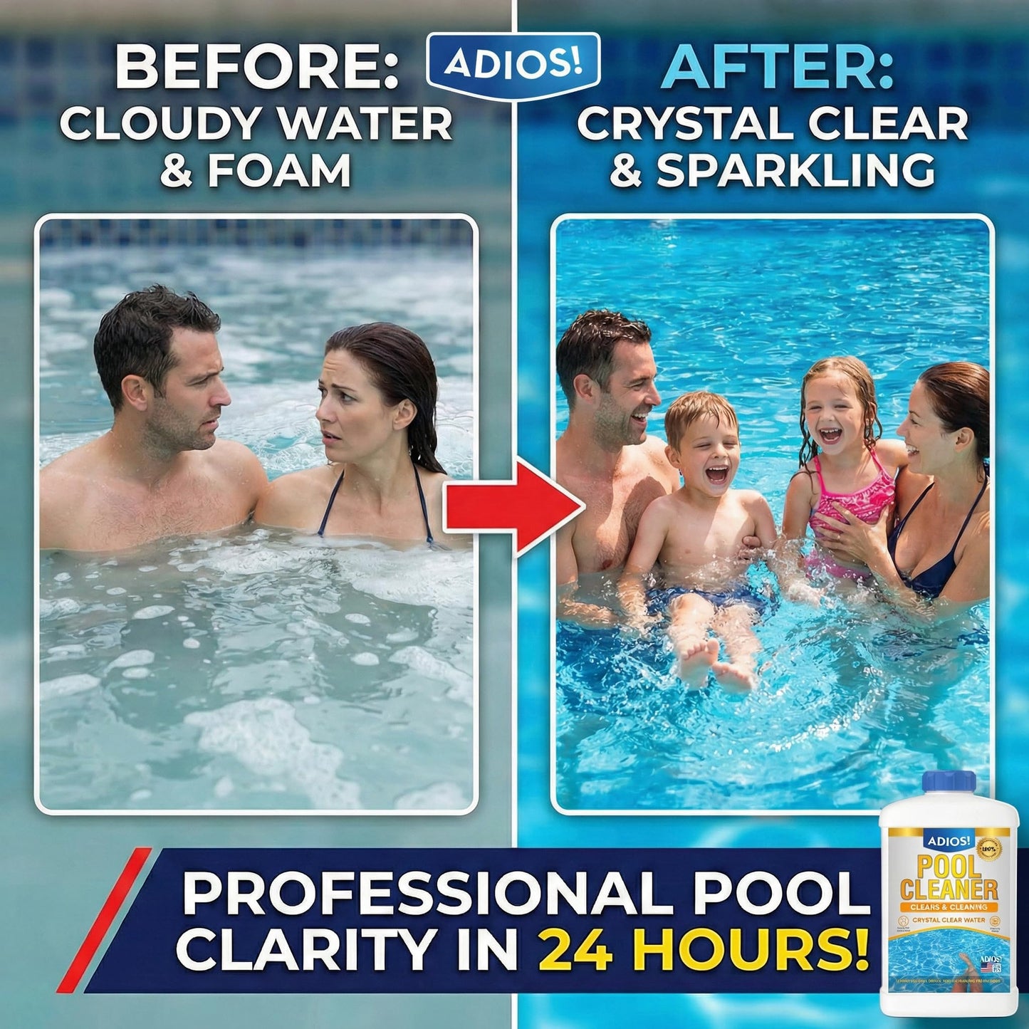 Adios! 20X Pool Cleaner and Clarifier – Restores Cloudy and Hazy Water for Above Ground and Inground Pools – Twenty Treatments per 32oz Bottle