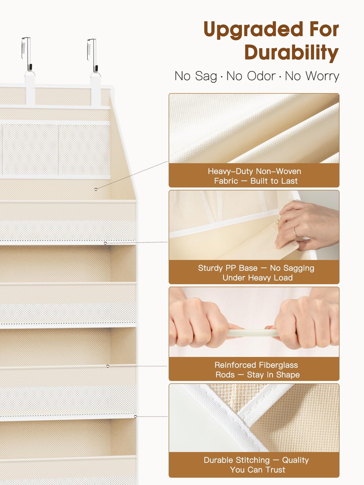 Criusia Over the Door Organizer, 6-Shelf Closet Hanging Storage with 13 Mesh Pockets, 55lbs Capacity Behind the Door Storage for Baby Nursery, Bathroom, Bedroom, and Dorm, Beige