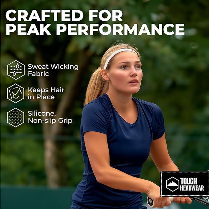 Tough Headwear Thin Elastic, Sports for Women & Men, Workout, Running, Soccer and Mens Headband - 3-Pack | Black, Gray and White