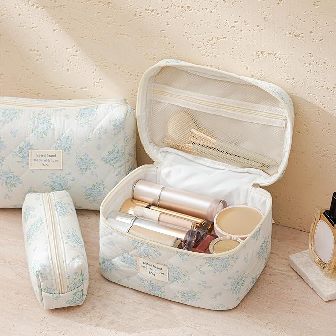 HBselect Quilted Makeup Bag, 3PCS Cotton Large Travel Makeup Bag, Cute Floral Coquette Make up Bag Cosmetic Bag Toiletry Bag for Women Girls