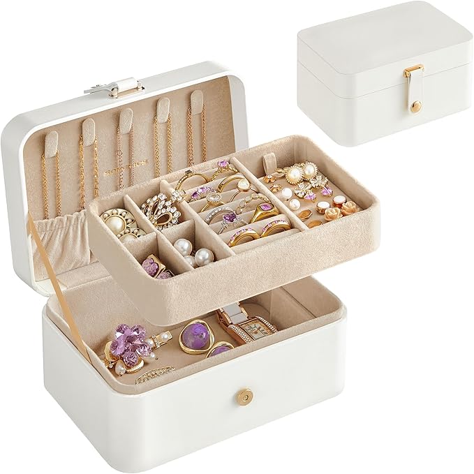 SONGMICS Jewelry Organizer Box, Travel Jewelry Case, 2-Layer Travel Case for Earrings, Necklaces, Bracelets - Portable Jewelry Storage with Large Capacity, Gift Idea, Cloud White UJBC166W01