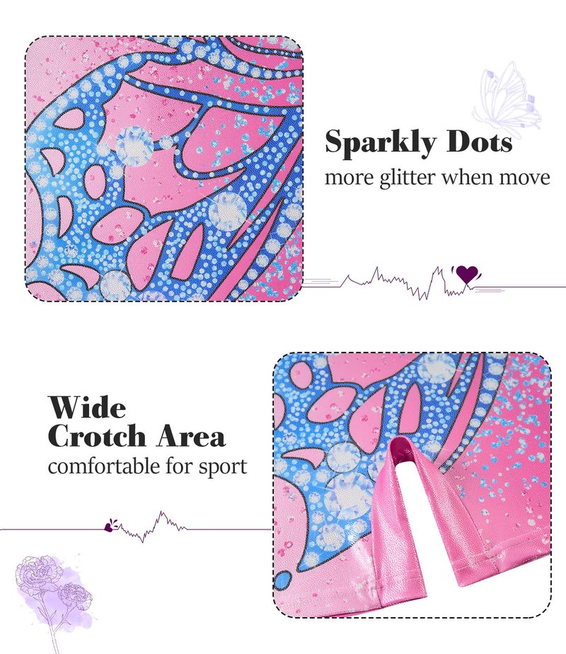 Vogseek Gymnastics Leotards for Girls 9 10 Years Pink Blue Butterflyss Tumbling Outfits with Hair Scrunchie Kids Sparkle Ballet Dance Biketards, Pink Blue