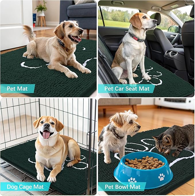 OLANLY Dog Door Mat for Muddy Paws 24x16, Paw Print Design, Absorbs Moisture and Dirt, Absorbent Non-Slip Washable Doormat, Quick Dry Chenille Mud Mat, Entry Indoor Entryway Carpet, Blackish Green