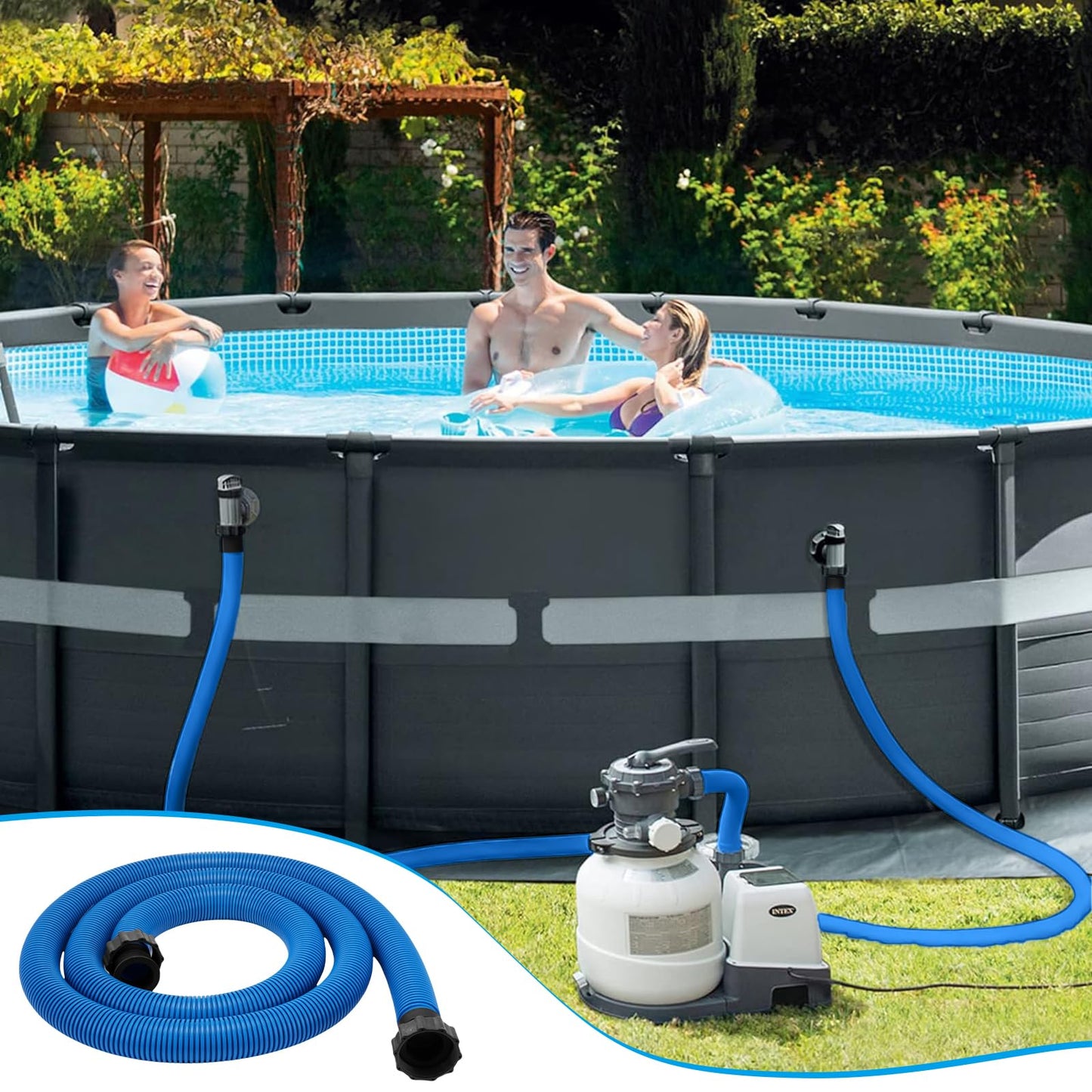 Frienda 10 ft Swimming Pool Replacement Hose - 1.5" Diameter Plastic Above Ground Hose Replacement Accessory for Home, Swimming Pool, Filter Pump, Saltwater Systems(Blue, Black)