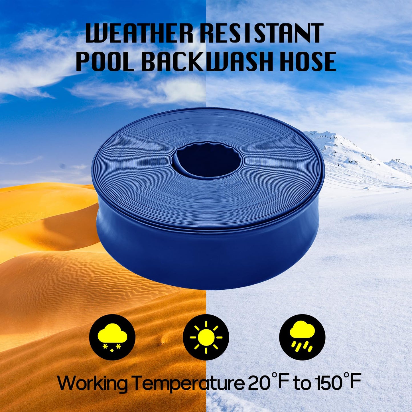 Mosenpol Pool Backwash Hose 1-1/2" x 100 FT - Heavy Duty Layflat Sump Pump Hose, Weather and Burst Resistant PVC Discharge Hose with 2 Clamps for Water Transfer, Pool Drainage, Pool Drain