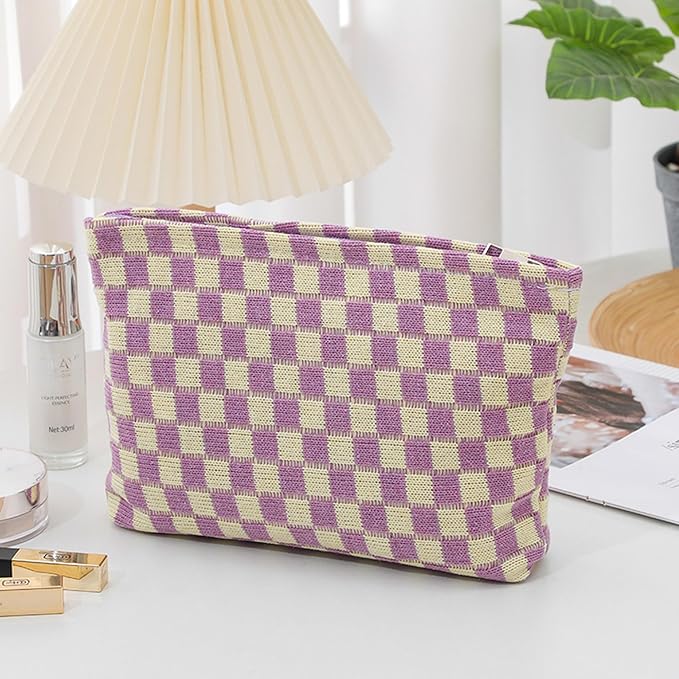 Cosmetic Bags for Women - Corduroy Cosmetic Bag Aesthetic Women Handbags Purses Smile Dots Makeup Organizer Storage Makeup Bag Girls Case Bags (Q-Checkered purple)
