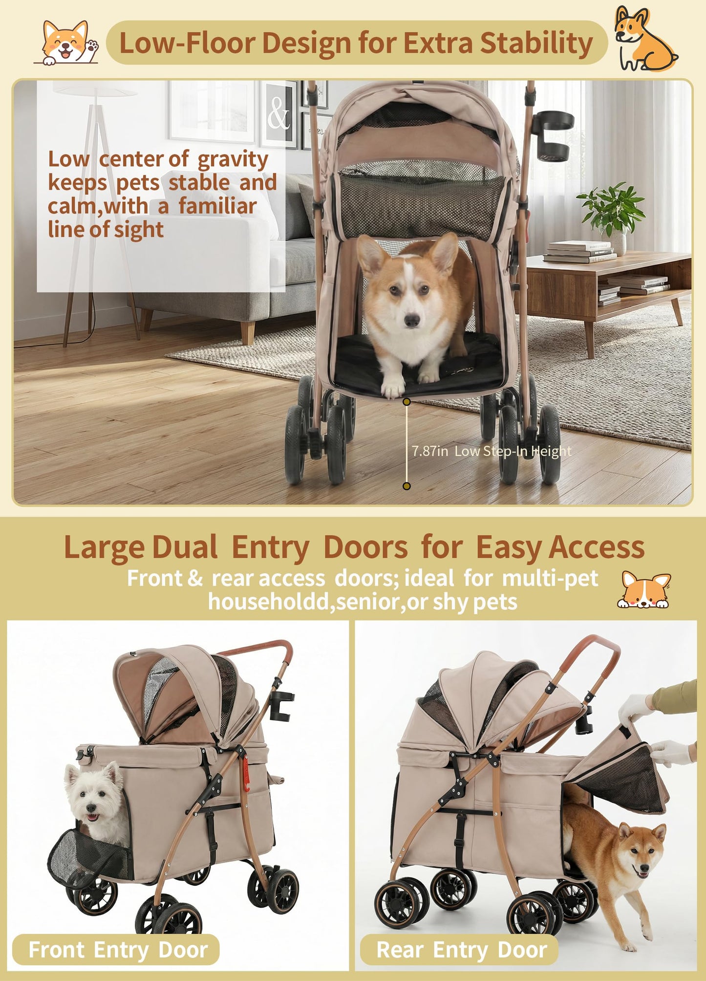 MILA&LOUIS Low-Profile Large Space Pet Stroller for Medium & Small Dogs, Suitable for Multi-Pet and Senior Dogs, 55lbs Max Load, 360° Swivel Front Wheels, One-Touch Foldable Design with Rear Brake