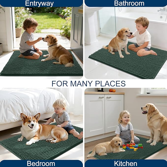 OLANLY Dog Door Mat for Muddy Paws 44x32, Ultra Absorbent Chenille Mud Doormat, Non-Slip Washable and Dirt Trapping Doormat for Indoor Entryway, Quick-Dry Indoor Pet Bed Mats for Dogs, Blackish Green