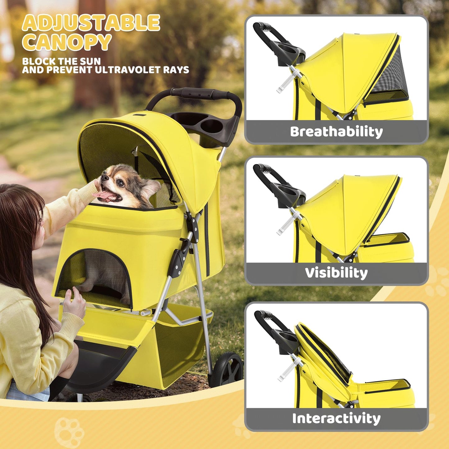 Magshion 3-Wheel Pet Stroller, Foldable Travel Jogger for Small & Medium Dogs & Cats (Up to 33lbs), Lightweight Carrier with Breathable Mesh Cover, Cup Holder & Storage Basket, Yellow