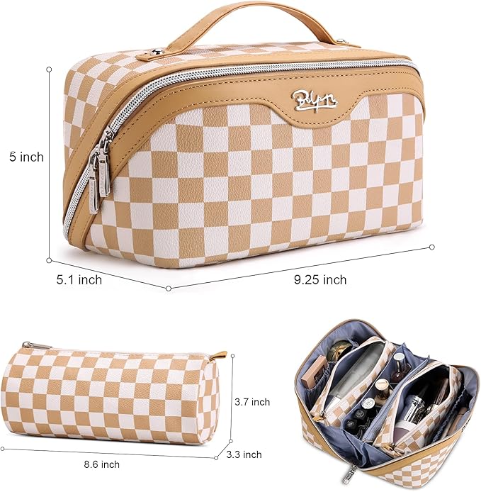 BOYATU Travel Makeup Bag Organizer Cosmetic Bag: 3 Pcs Set Make up Bags for Women with Handle - Waterproof Vegan Leather Toiletry Bag (01-G-Apricot)