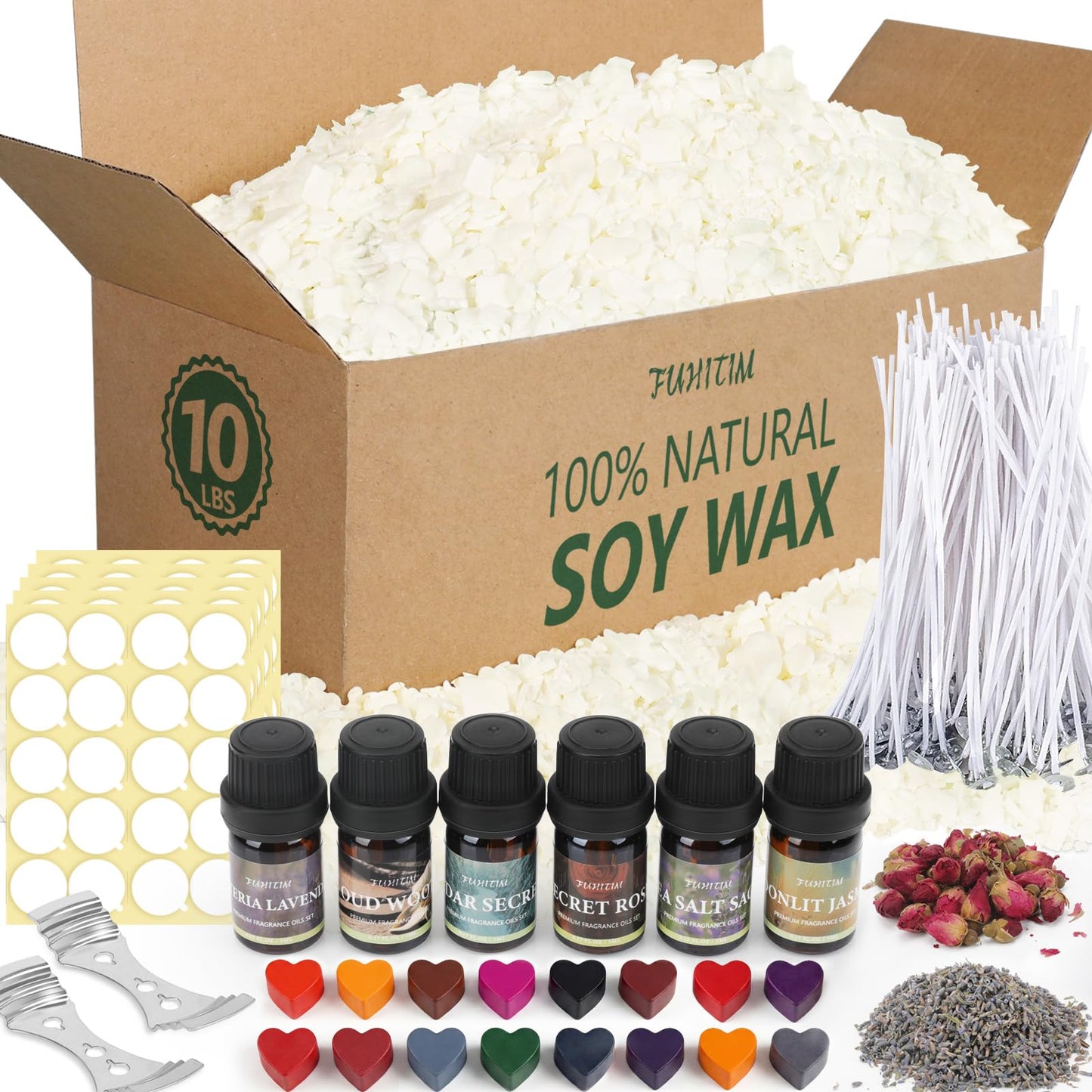FUHITIM Soy Candle Wax Kit for Candle Making 10 lbs Bag, Premium Natural Soy Wax Flakes, No additives and Pure, 100 Cotton Candle Wicks, Fragrance Oils, Dried Flowers & Pigment Colors