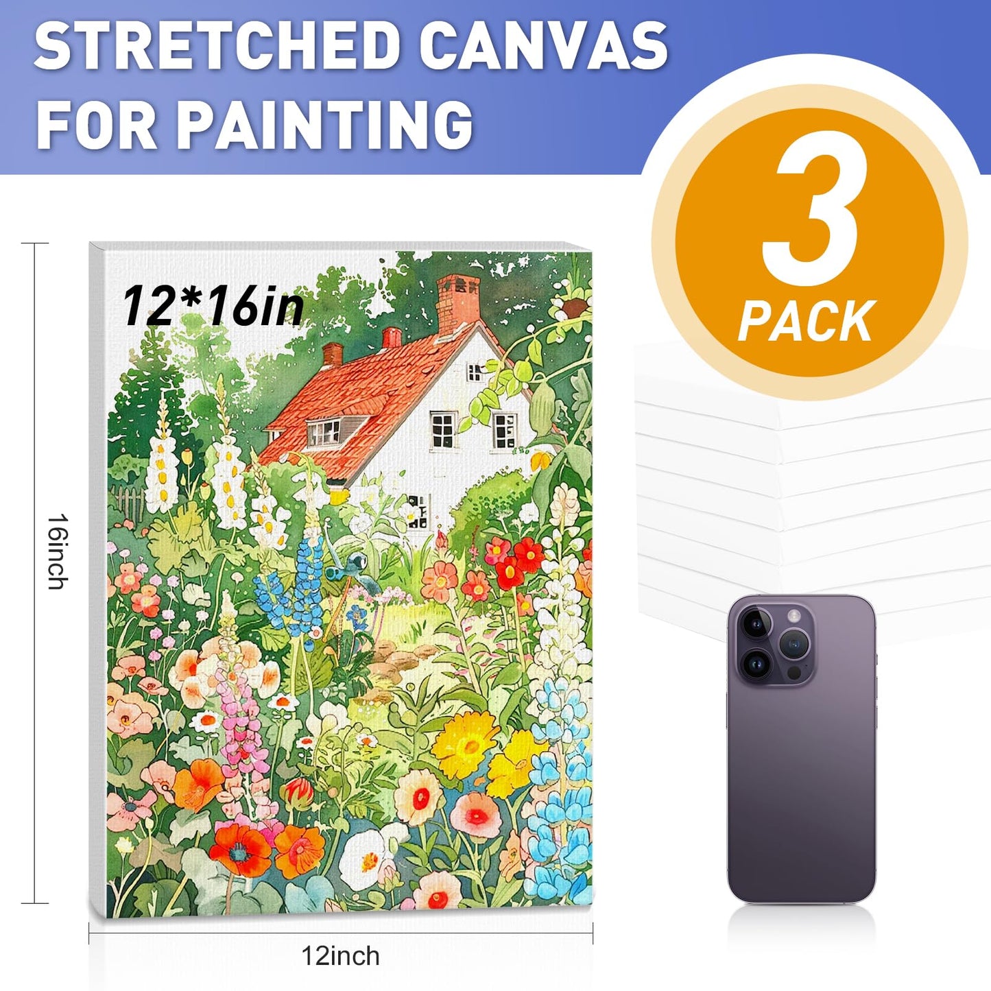 ESRICH Stretched Canvas for Painting 12x16 Inch, 3 Pack Blank Canvas -5/8 in Profile Primed Cotton White Canvases for Painting for Oil & Acrylic Paint