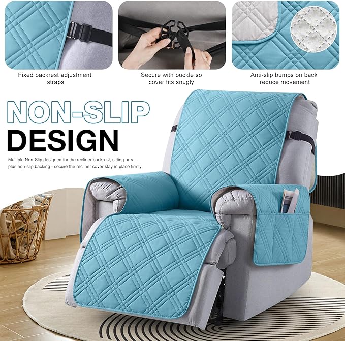 TAOCOCO 100% Waterproof Recliner Chair Cover, Non Slip Recliner Covers for Recliner Chair with Pocket, Washable Reclining Chair Cover Furniture Protector for Kids, Pets(23.6'', Sky Blue)