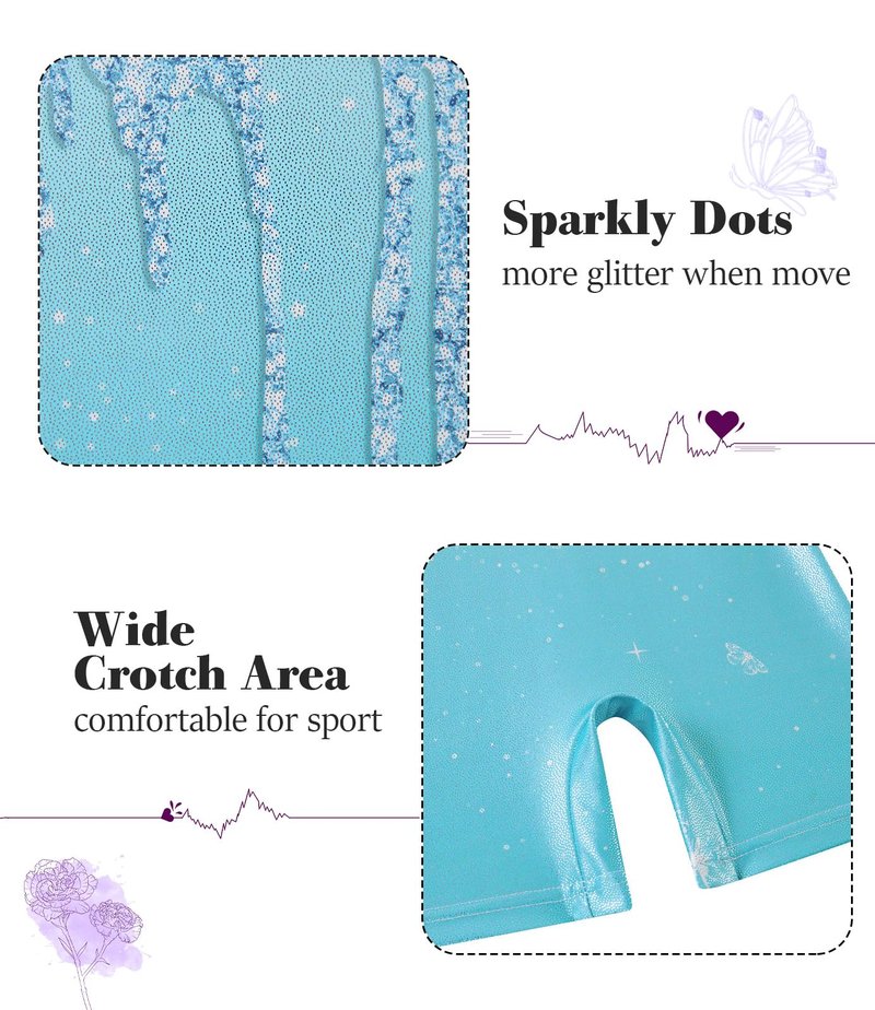 Vogseek Sparkly Gymnastics Leotards for Girls 6 7 Years Cute Light Blue Shiny Ballet Dance Unitards Biketards with Hair Scrunchie Kids Tumbling Shorts Activewear Clothes, Blue Shiny