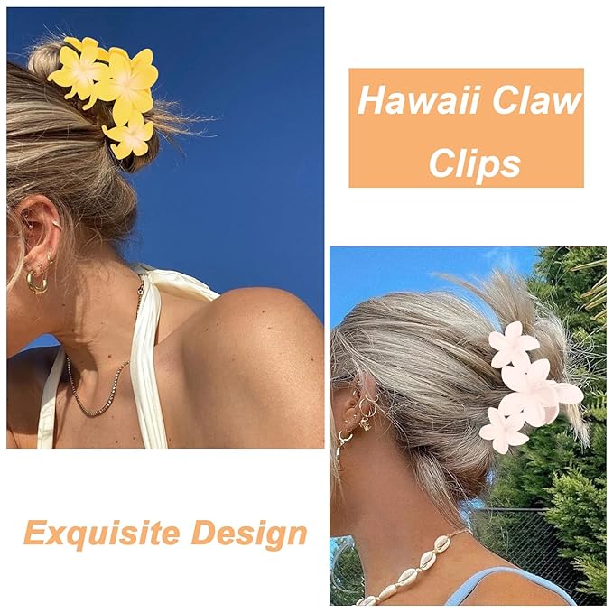 ANBALA 4PCS Flower Hair Accessories: Colorful Hawaiian Plumeria Claw Clips for Thick Hair - Large, Non-Slip, Strong Hold Beach Clips