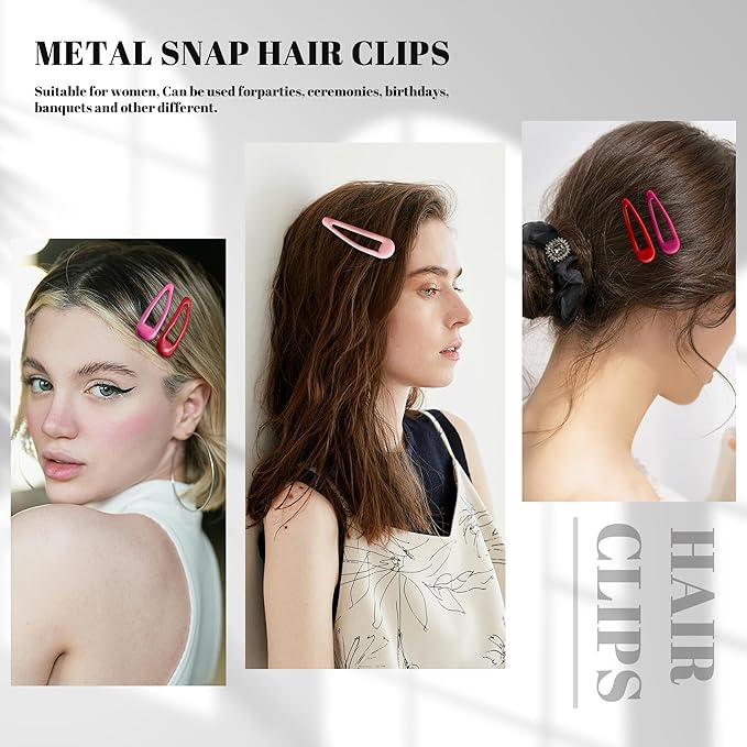20 PCS Metal Snap Hair Clips Water Drop No Slip Barrettes for Women Bright Small Hair Clips For Thick And Thin Fine Hair,Red Pink Rose Red,1.97 x 0.5 In.