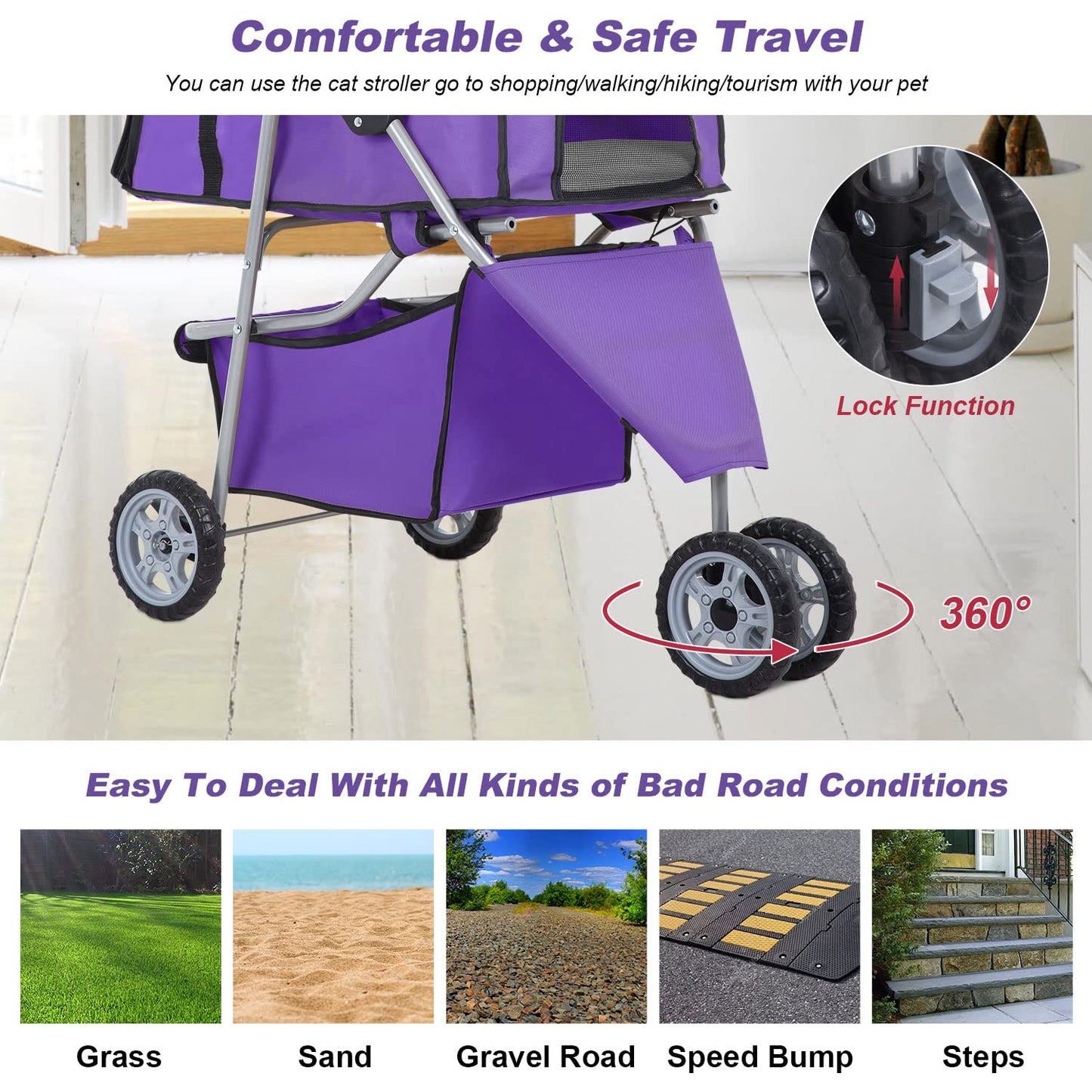 BestPet 3 Wheels Pet Stroller Dog Cat Cage Jogger Stroller Waterproof Puppy Travel Folding Carrier with Cup Holder,Purple