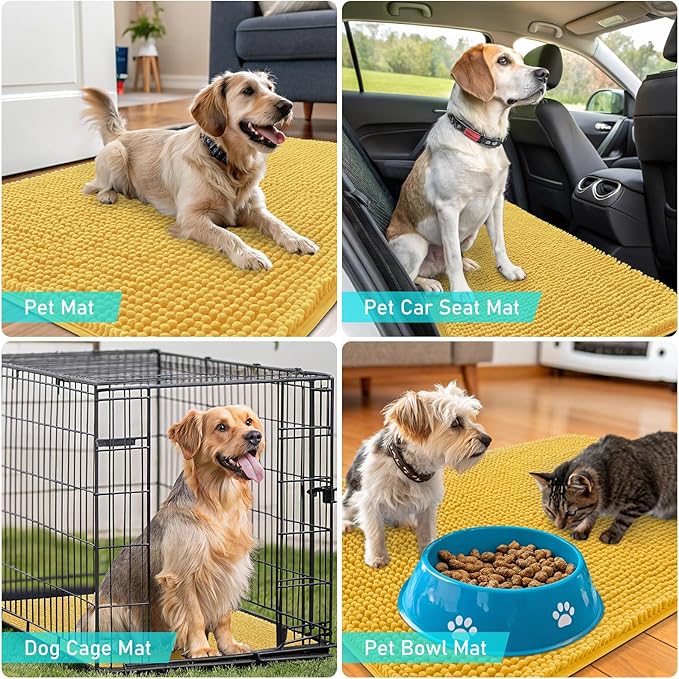 OLANLY Dog Door Mat for Muddy Paws 34x21, Absorbs Moisture and Dirt, Absorbent Non-Slip Washable Doormat, Quick Dry Chenille Mud Mat for Dogs, Entry Indoor Entryway Carpet for Inside Floor, Yellow