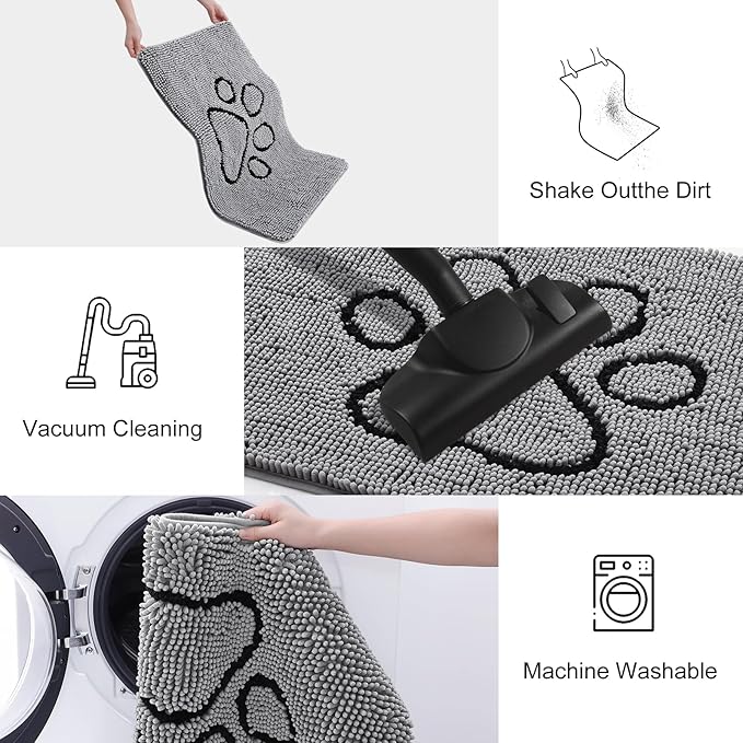 Smiry Dog Door Mat for Muddy Paws, Absorbent Dirt Trapper Non Slip Quick Dry Washable Chenille Mat for Mud Dogs, Entry Rug for Indoor and Outdoor (59x20 Inches, Grey and Black)