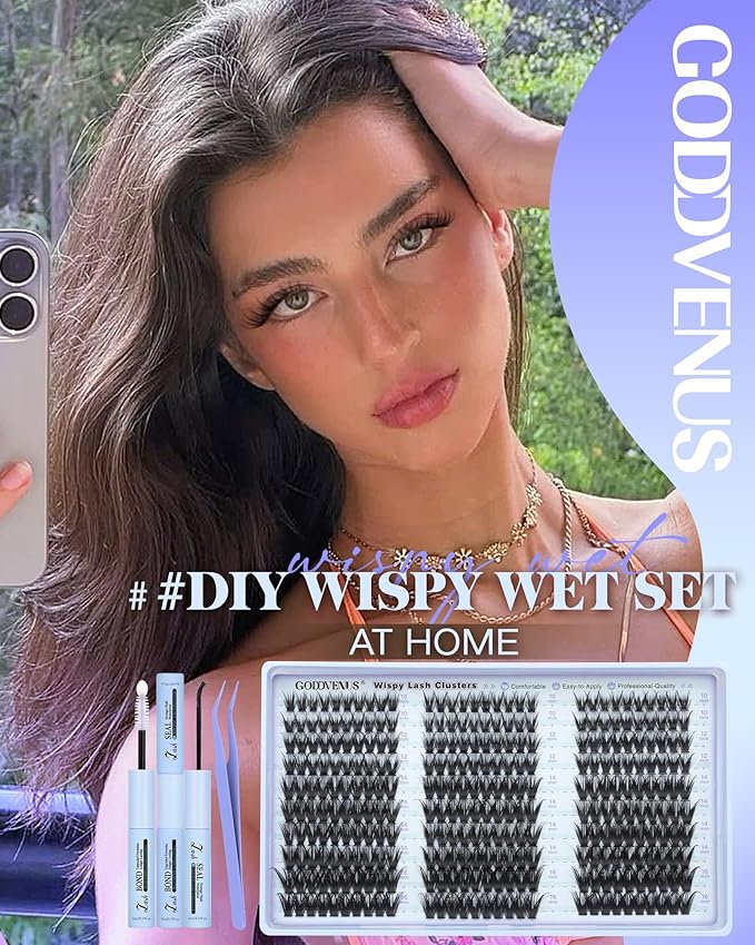 Goddvenus Wispy Lash Clusters Kit Natural Fairy Wet Eyelash Clusters Kit 300 Pcs Cluster Eyelash Extensions Kit for DIY Reusable Waterproof Individual Lash Extension (10-16mm CC Curl)