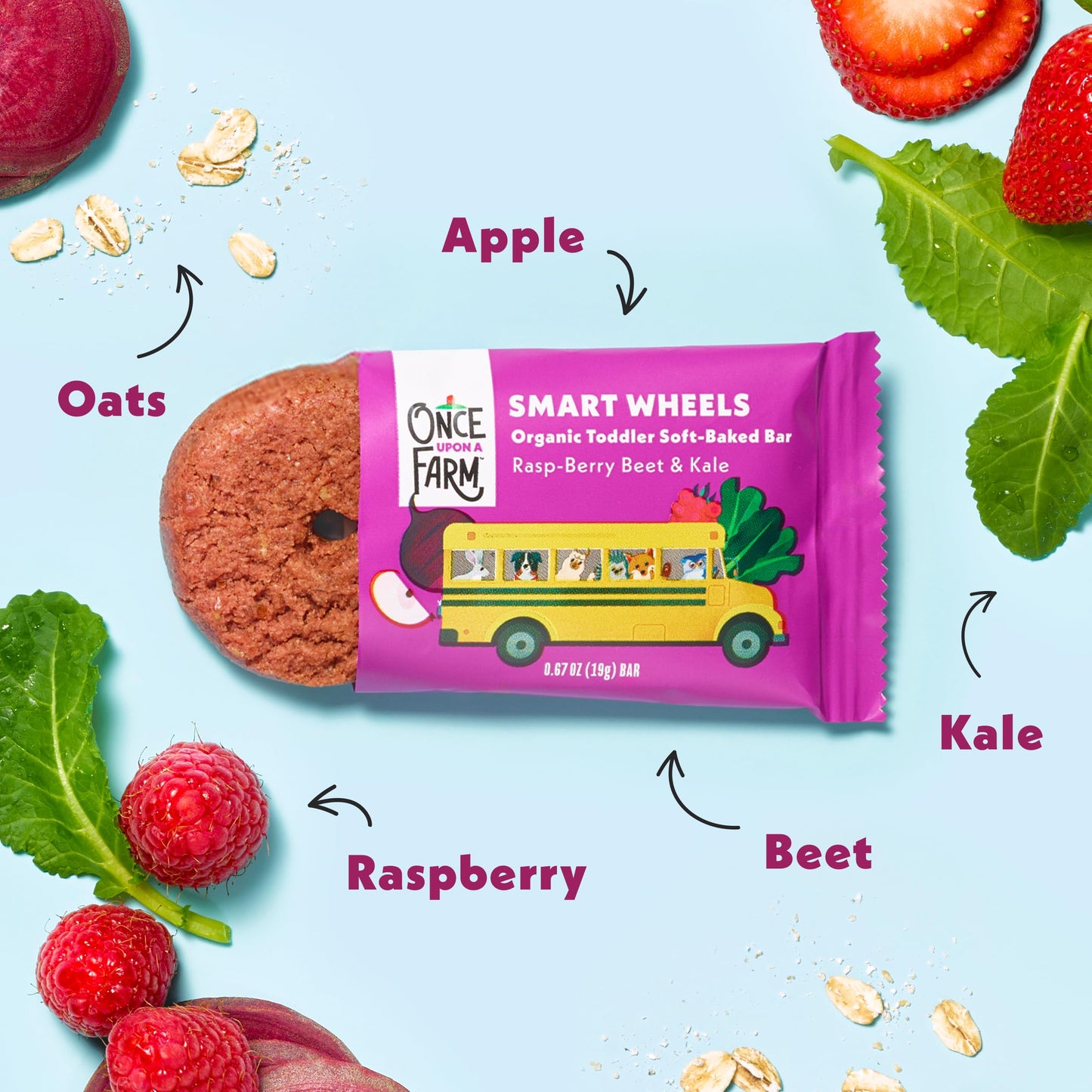 Once Upon A Farm Organic Toddler Soft Baked Bar, Rasp-Berry, Beet and Kale, Smart Wheels Shaped, Non GMO, Kosher, 3.35 Ounces (Pack of 8)