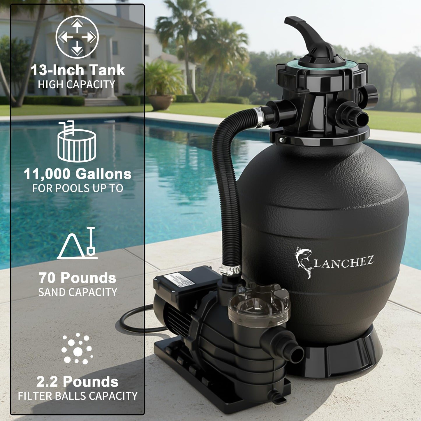 LANCHEZ Sand Filter Pump for Above Ground Pool, Pool Pumps Above Ground, Pool Sand Filter with 7-Way Valve, 13in(3,500GPH)