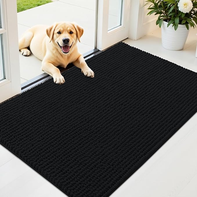 OLANLY Dog Door Mat for Muddy Paws 48x30, Ultra Absorbent Chenille Mud Doormat, Non-Slip Washable and Dirt Trapping Doormat for Indoor Entryway, Quick-Dry Indoor Pet Bed Mats for Dogs, Black