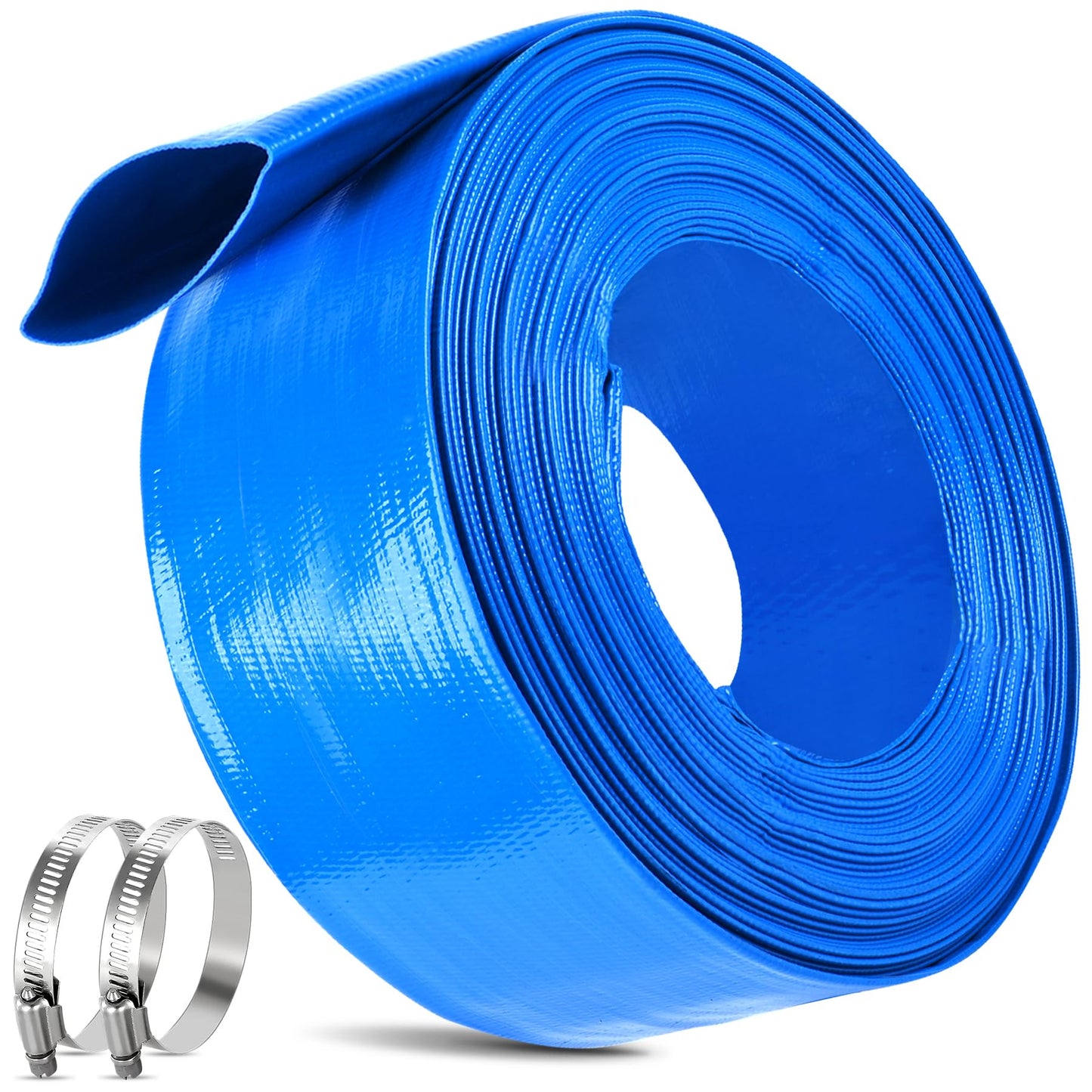 MYFAMIREA 3 IN x 110 FT Pool Backwash Hose Heavy Duty Drain Discharge Double PVC Layflat Hose with 2 Clamps, Weatherproof Burst Resistant for Water Transfer, Sump Pump, Pool Filter, Drain (33.6M,Blue)
