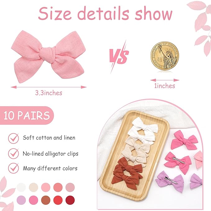 CÉLLOT 20 Pieces Girls Hair Bows Linen Fabric Bows Alligator Clips Hair Accessories for Little Girls Toddlers Kids and Teens(Pink)