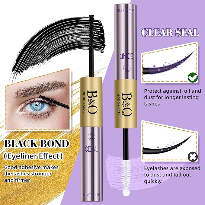 B&Q Lash Cluster Glue 10ML Lash Bond and Seal Waterproof for Eyelash Clusters, Best Lashs Bond and Seal, Professional DIY Lashs Glue Bonds & Seals Long Lasting Strong Hold 2-in-1 Home Use(Bond&Seal)