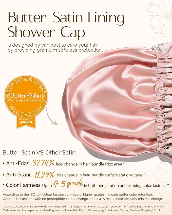 Yanibest Satin Lined Shower Cap for Women Reusable Waterproof, Frizz Free & Large Bath Cap with Soft Elastic Band, Luxury Hair Protection Caps (Pink Leaves)