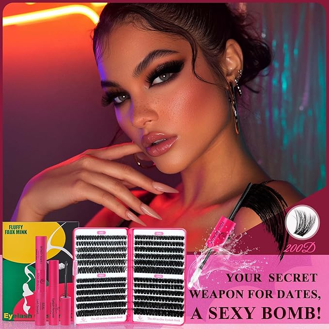 Bombshell Lash Clusters Kit Fluffy Lash Clusters Thick Eyelashes 80D-200D Eyelash Clusters Kit 400Pcs Eyelash Extension Kit DIY Lashes with Bond and Seal 10-18mm False Eyelashes
