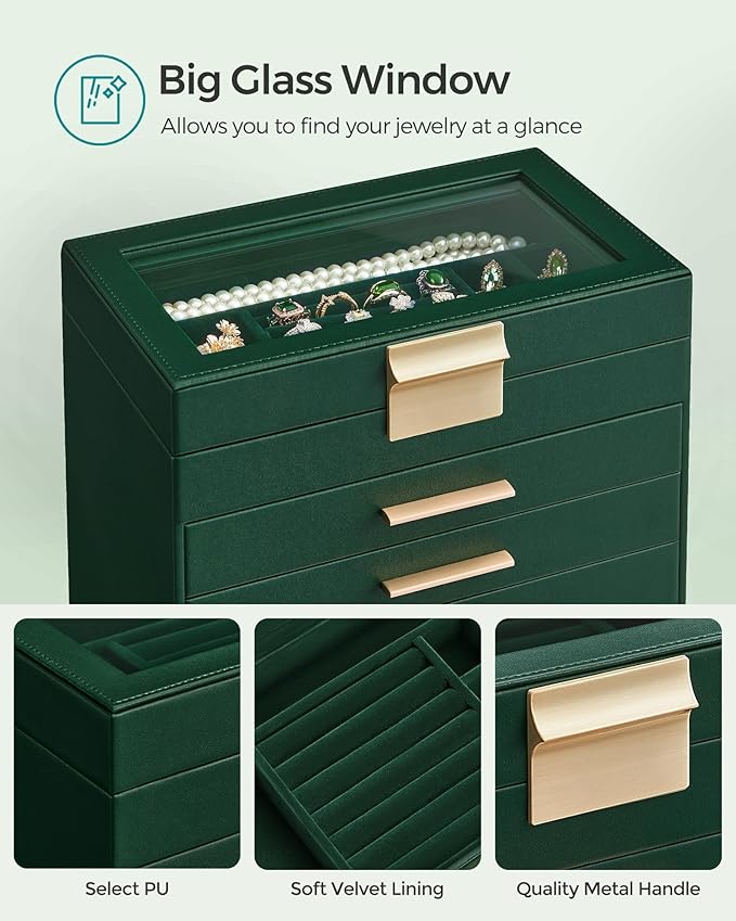 SONGMICS GISELLA Collection - Jewelry Box Organizer, 6-Layer Jewelry Storage with 5 Drawers, Shiny Metal Hardware, Glass Lid, Modern, 6.4 x 9.9 x 11.4 Inches, Forest Green and Gold Color UJBC171C01
