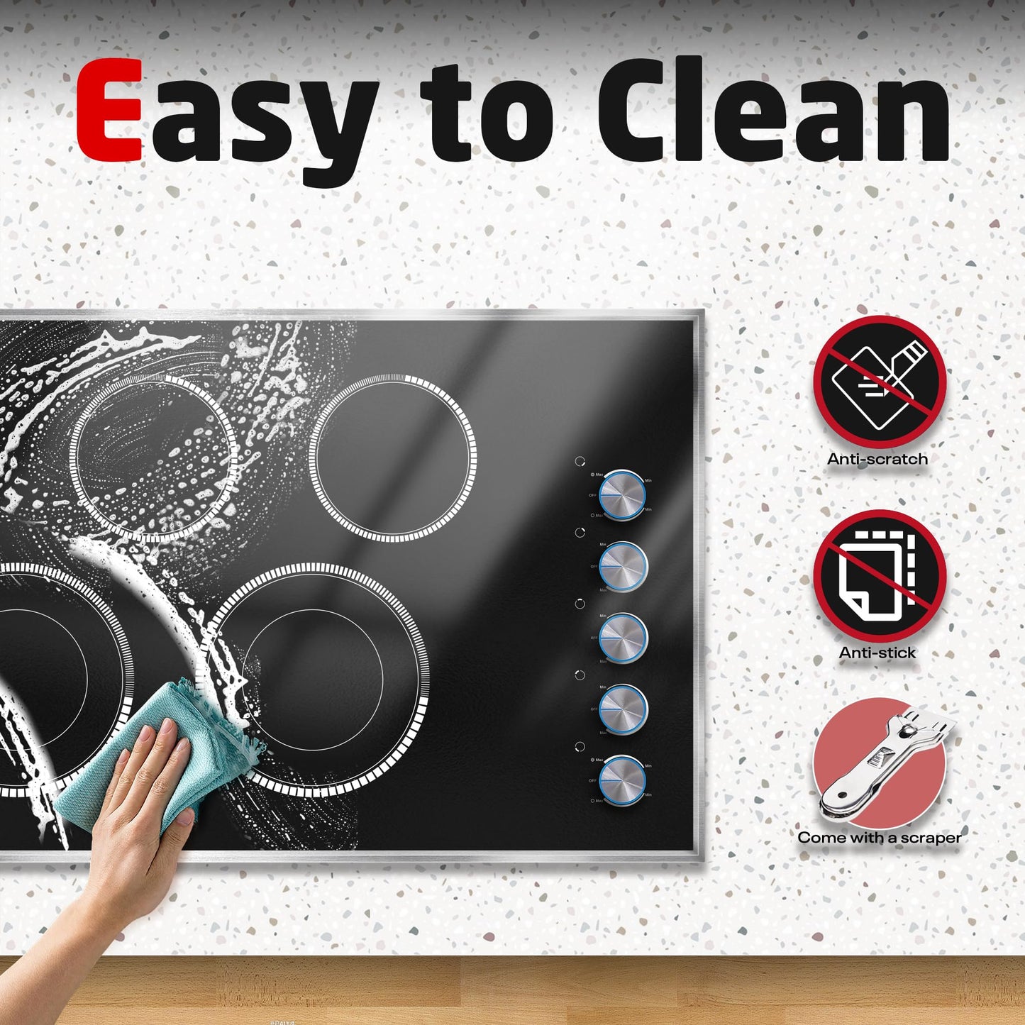 Pladeca 36 Inch Electric Cooktop, 5 Burner Electric Stove Top 8400W, 36" Ceramic Stove with Knob Control, Over-Temperature Protection, Dual Ring Zone, 220-240V Hard Wired (No Plug)