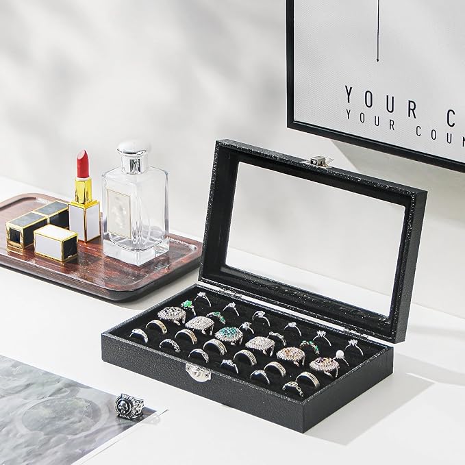 Ring Organizer Box for Jewelry,Rings Cufflinks Storage Case,Small Jewelry Box for Travel, Pretty Gifts for Girls,Black (30 Slots)