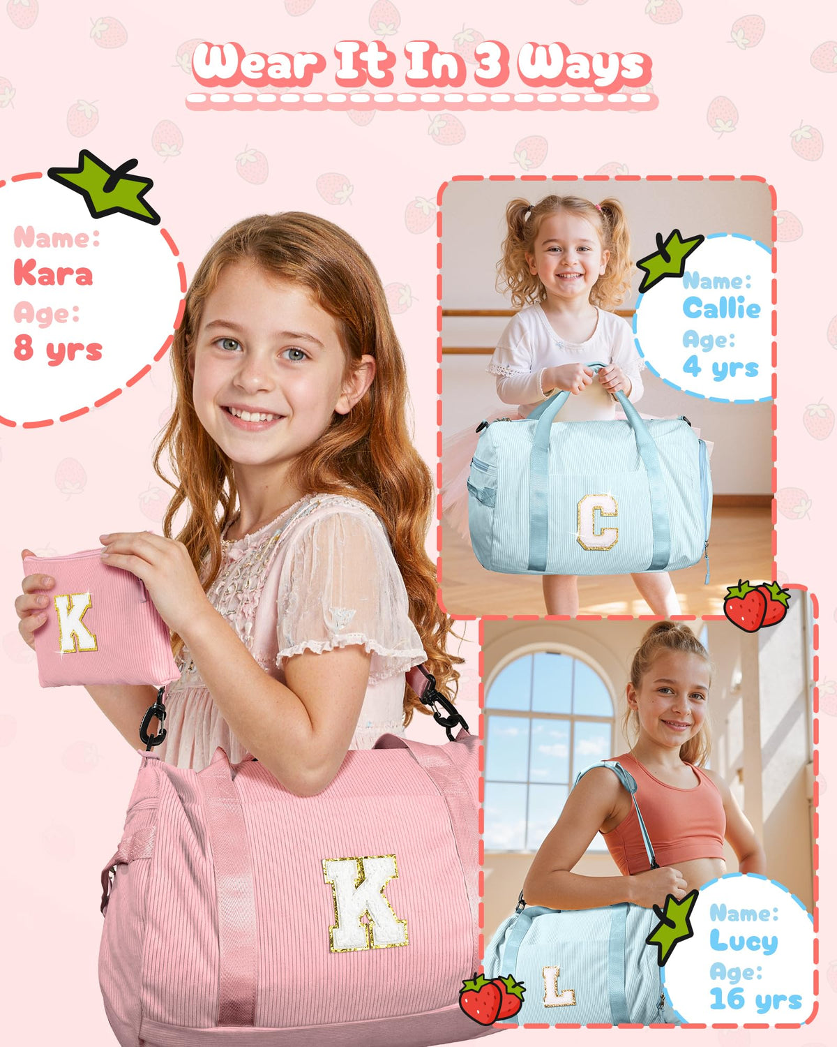 Vogewood 3 Year Old Girl Birthday Gifts, Girls Gym Bag, Kids Personalized Dance Bags with Shoe Compartment, Customized Travel Duffle with Toiletry Bag, Gift for Ballet Gymnastics Kid (Letter R)