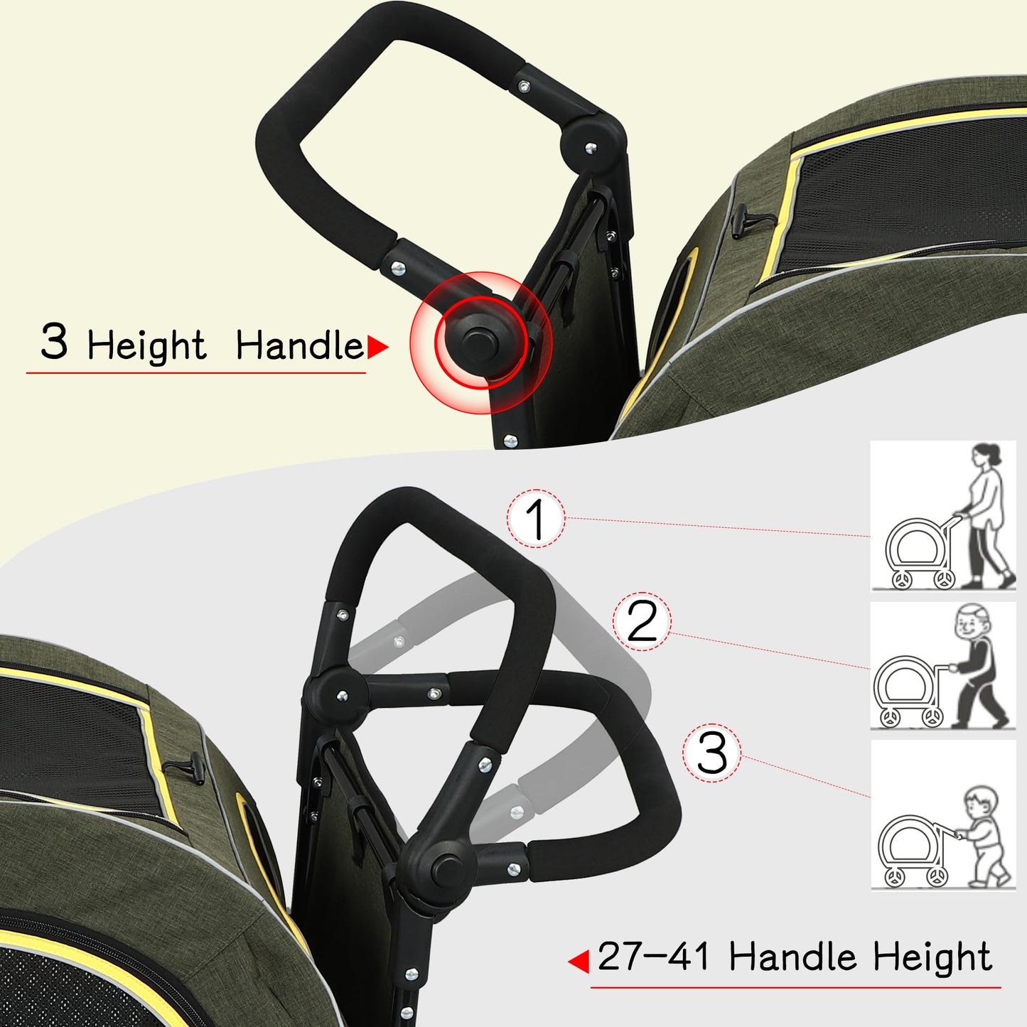 Saudism Pet Stroller for Dogs Cats up to 50 lbs, Foldable Dog Stroller with 360° Swivel Wheels, Detachable Carrier, Adjustable Handle, Travel Dog Stroller for Small Medium Large Pets, Green